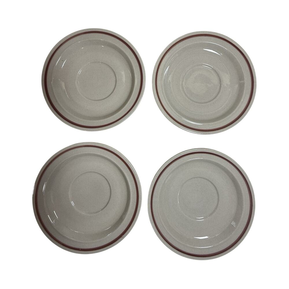 Newcor Stoneware Beige Saucer Set with Red Band, Round, Service for 4, 4pc